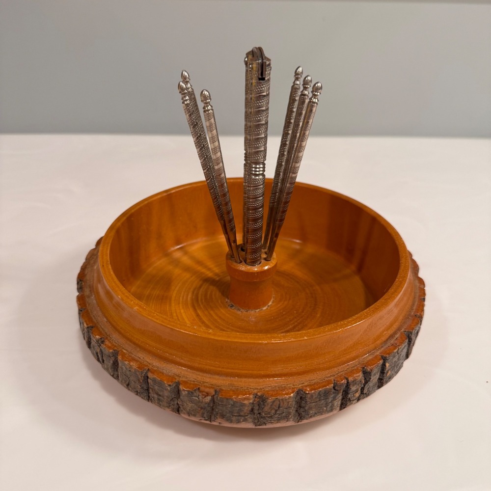 Vintage Nutcracker Set Live Edge Wood Bowl 3 Crackers/10 Picks Rustic Cabin
